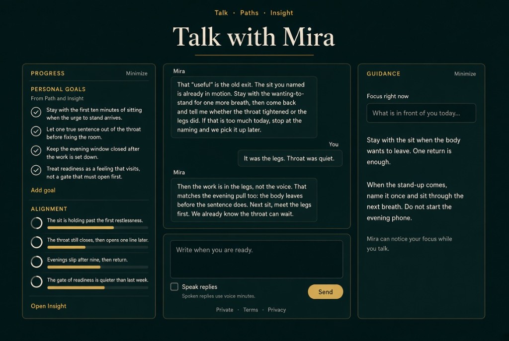 Sample Talk with Mira: Progress, chat, and Guidance filled around personal goals